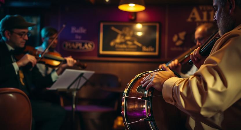 Bodhran drum being played during a traditional Irish music session in a cozy pub