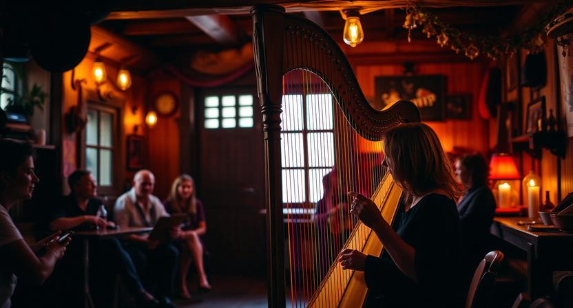 Celtic harp player performing in a cozy folk music venue