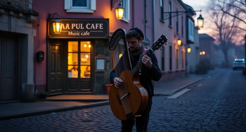 Musician with a harp guitar outside a folk music venue in a scenic travel town
