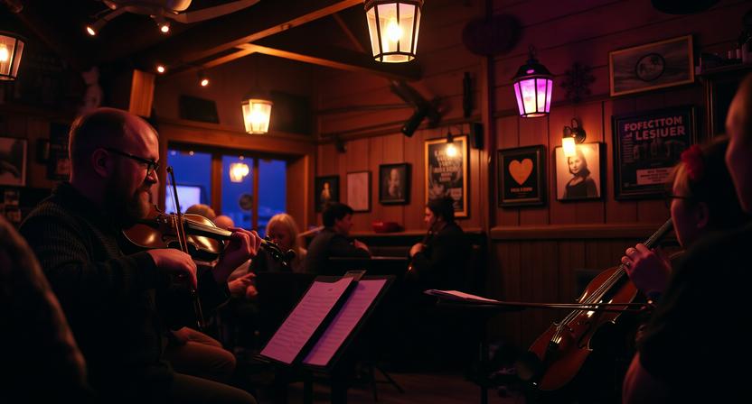 Fiddle and violin in a folk music travel setting