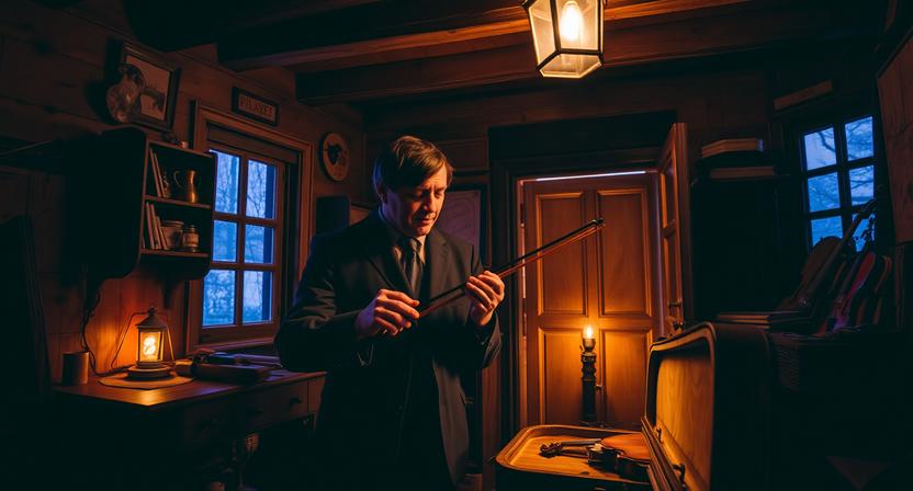 Musician holding a violin bow inside a historic music setting