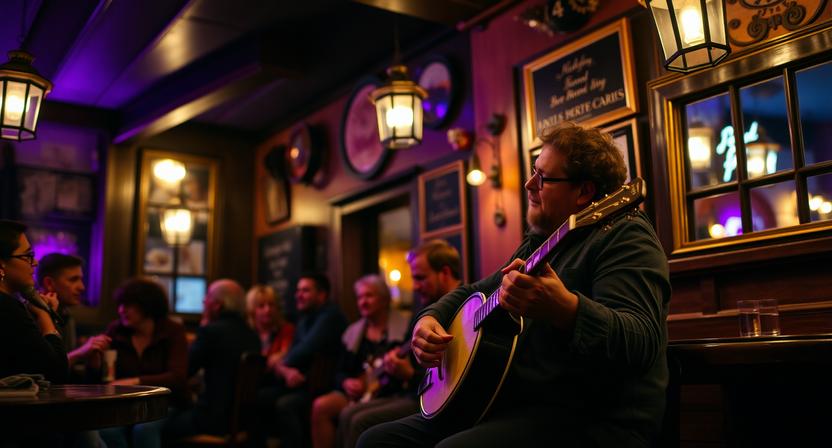 Musician playing tenor banjo in a local folk music venue