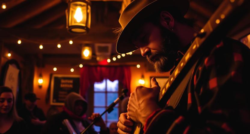Musician adjusting a banjo string before a folk performance