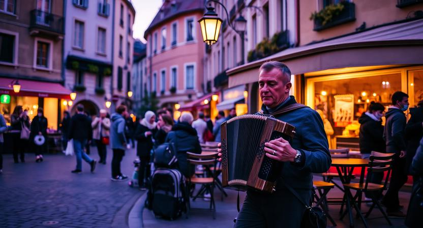 Accordion musician performing in a lively travel destination